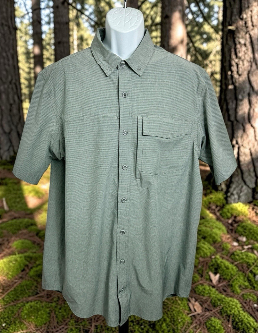 Duluth Trading Sol Survivor Button Down Shirt Sz L Tall Short Sleeve Gray UPF 50
